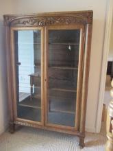 Antique Tiger Oak Curio Cabinet with Carved Wood Appliques