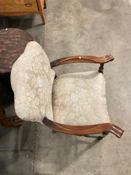Antique Wooden Parlor Chair w/ Cream Floral Upholstery. Measures 28" x 36" See pics.
