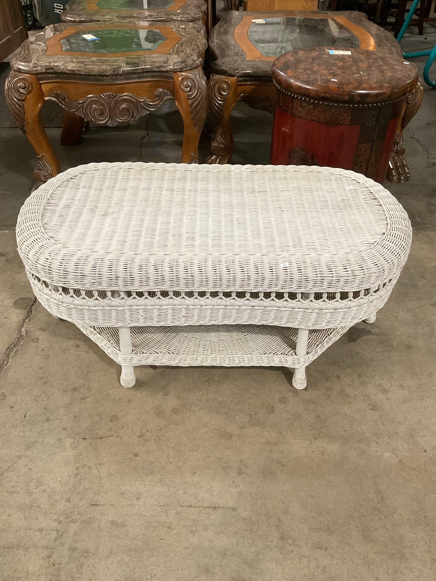 Vintage White Wicker Patio Coffee Table w/ 2 Tiers & Unique Shape. Measures 42.5" x 18" See pics.