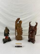 3 pcs Vintage Carved Wooden Asian Gods Figural Statuettes. 2 Buddha, Longevity God. See pics.