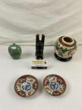 4 pcs Vintage Asian Decorative Assortment. Pair of Antique Imari Dishes. Black Stone Buddha. See