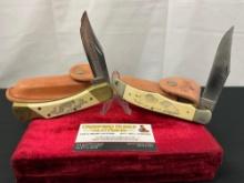 Pair of Vintage Schrade Scrimshaw Folding Pocket Knives, Models SC500 & 507SC, w/ Leather Sheaths