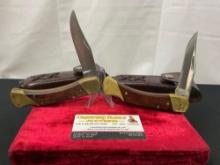 Pair of Vintage Schrade Single Blade Folding Pocket Knives, Models LB7, Brass & Wood Handles