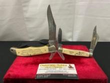 Pair of Vintage Schrade Scrimshaw Folding Pocket Knives, Models SC500 & SC505
