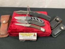 3x Vintage Buck Knives, Models 318, 327, 501 w/ sheaths & Remington Grizzly Camp Knife