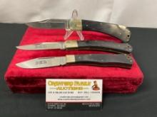 3x I XL Wostenholm Folding Pocket Knives, stainless blades and dark stained wooden handles
