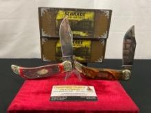 2x Limited Issue Handmade Schrade Knives, model SCLTRPB & SCLD engraved blade Deer & Turkey scenes
