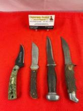 4 pcs Steel Fixed Blade Hunting Knife Assortment. 2x Schrade, 1x Remington, 1x Unknown. See pics.
