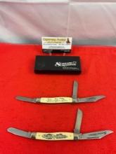 2 pcs Vintage Schrade Scrimshaw Steel 2.75" Folding 3-Blade Stockman Knives Model SC505. See pics.