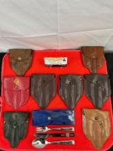 9 pcs Vintage Scout Camping Gear Assortment. Fork, Knife & Spoon Eating Utensils in Sheathes. See