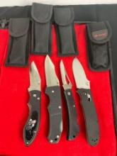Collection of 4 Stainless Steel Knives w/ Sheathes incl. Ganzo - See pics