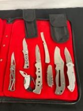Collection of 8 Stainless Steel Folding Pocket Knives - 2 w/ Sheathes - See pics