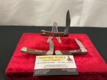 Trio of Vintage Buck Folding Pocket Knives, 704 Maverick, wooden handles