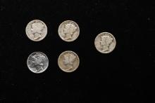 Lot of Five Coins- 1917-d, 1918-s, 1924-d, 1926-s, 1941-s Mercury Dime 10c Grades