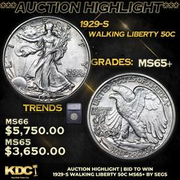 ***Auction Highlight*** 1929-s Walking Liberty Half Dollar 50c Graded ms65+ By SEGS (fc)