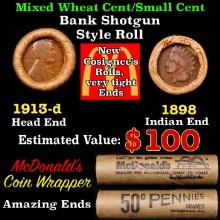 Small Cent Mixed Roll Orig Brandt McDonalds Wrapper, 1913-d Lincoln Wheat end, 1893 Indian other end