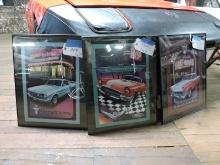 Lot of 3 Framed with Glass Car Art - Mustang, Fairlane and T-Bird - 20" X 16"