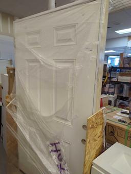 STEVES AND SONS FRAMED FIBERGLASS DOOR, WOOD EDGED ENTRY AND PATIO DOOR, UNIT APPEARS NEW ON PALLET,