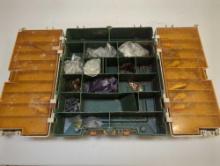 Large tackle box and contents including fishing worm lures and various fishing lures of similar