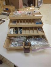 Tackle box and contents, including various fishing accessories. Comes as is shown in photos. Appears