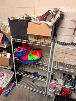 Three Shelves and Large Amount of Cleaning Supplies, Bathroom Supplies, Paper Towels, Bucket & More