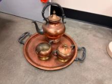 Copper Tray, Cream & Sugar and Tea Pot / Coffee Pot