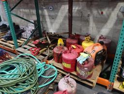 LOT: Contents of (3) Pallet Racks consisting of: Gas Cans, Roofing Tools, Pre Mix Fuel & Oil for