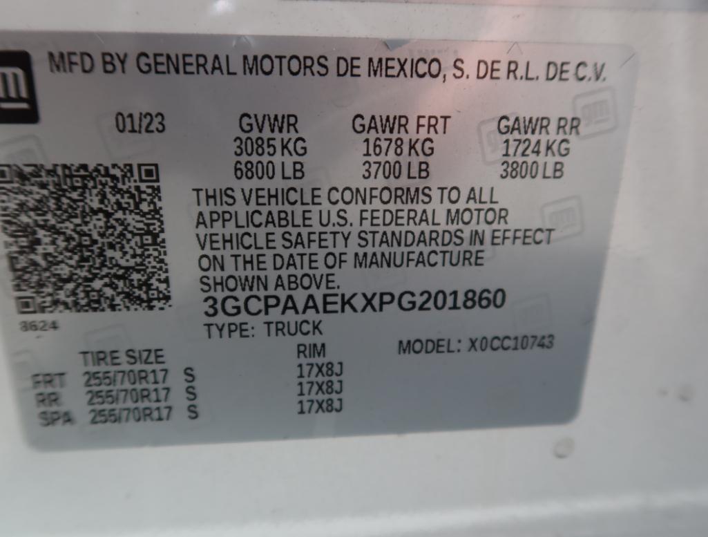 2023 Chevy Silverado 1500 2WD Crew Cab Ladder Rack and Tool Box, Gas, License# BL26WT, VIN
