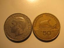 Foreign Coins: Greece 1966 5 & 1988 50 Drachmas