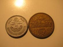 Foreign Coins:  Lebanon 1952 5 & 25 Piastres