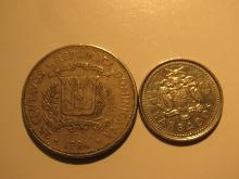 Foreign Coins: 1986 Dominican Republic 25 Centavos & Barbados 10 Cents