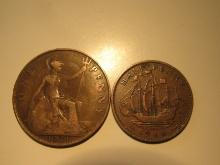 Foreign Coins: Great Britain 1921 Penny & 1946 1/2 Penny