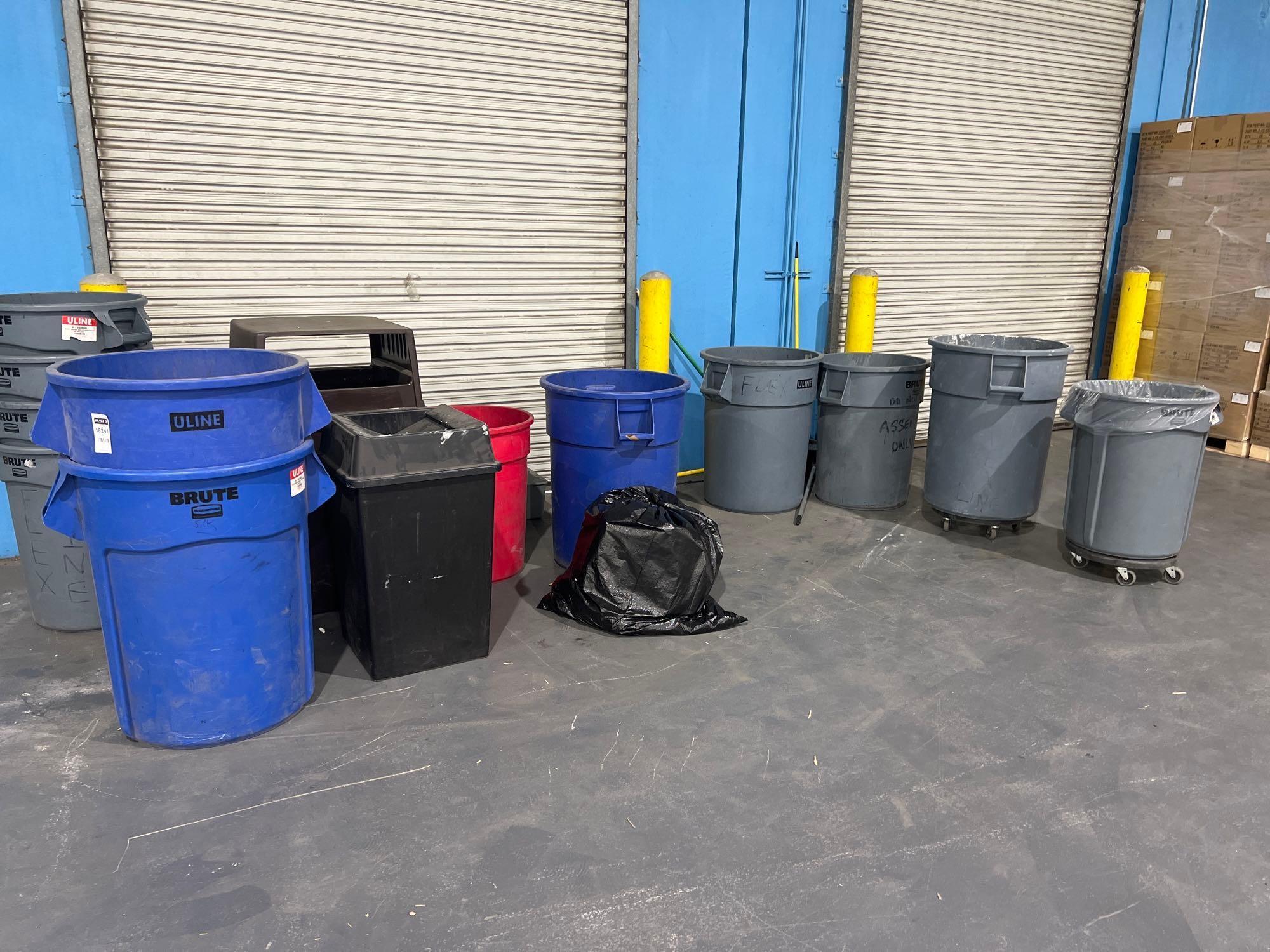 ASSORTED TRASH CANS. (ULINE/BRUTE)