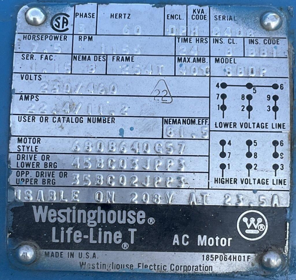 WESTINGHOUSE 880P 680B640G57 LIFE-LINE T AC MOTOR 3 PH 60HZ 7.5HP 460V 1156 RPM
