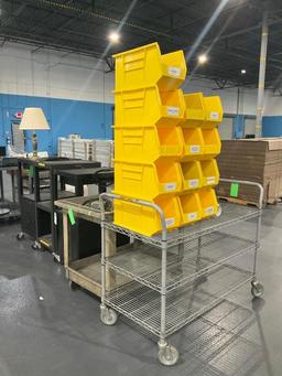 ASSORTED ROLLING RACKS, STORAGE BINS, LAMP AND SUPPLIES