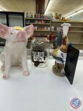 Pig decoration, chicken decoration with board, and sun tea jar