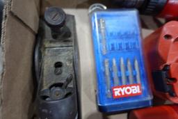 BOX OF TOOLS INCLUDING BATTERY MILWAUKEE DRILLS DRIVER SET AND PLANE