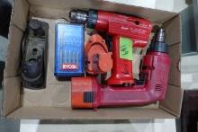 BOX OF TOOLS INCLUDING BATTERY MILWAUKEE DRILLS DRIVER SET AND PLANE