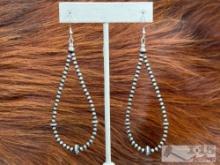 Native American Sterling Silver Teardrop Beaded Earrings, 6g