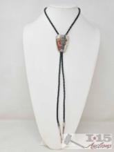 Native American Sterling Silver Inlaid Cow Bolo Tie, 45g