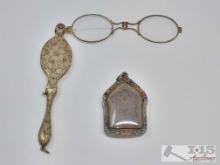 Antique Sterling Silver Lorgnette Glasses & Amulet, 52.94g