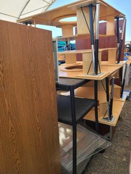 (1) Plastic Janitor Cart, (4) Wooden Desks, (1) 3 Tier Rolling Cart, (1) Childrens Wooden Chair Plus