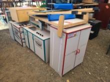 (1) Rolling Cabinet, (1) Dry Erase Bulletin Board, (3) Childrens Play Kitchen, (1) Wooden Cabinet