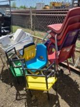 Group of Color Assorted Children Chairs, (1) Plastic Trash Bin, Group of Misc. Items