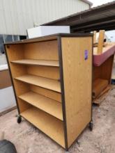 Filing Cabinet, Nurses Recovery Couch, Mobile Open Storage Shelf, (2) Wooden Shelves, Plastic Crate