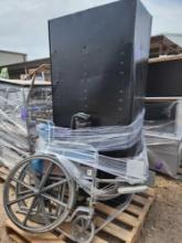 (1) Black Metal Storage Cabinet, (2) Wheelchairs