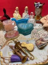 antique perfume bottles, slag, glass, dresser dishes beaded purse, figurines