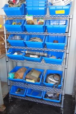 Rolling Blue Plastic Bin Rack and Contents