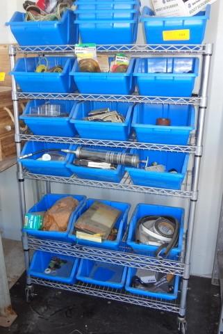 Rolling Blue Plastic Bin Rack and Contents