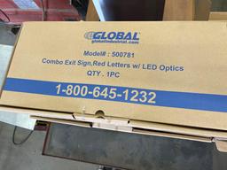 (4) NIB Global Combo Exit Signs, Red Letters w/ LED Optics